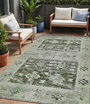 5' X 8' Olive Green And Ivory Aztec Washable Indoor Outdoor Area Rug