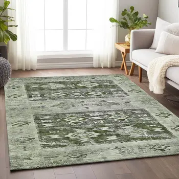 5' X 8' Olive Green And Ivory Aztec Washable Indoor Outdoor Area Rug