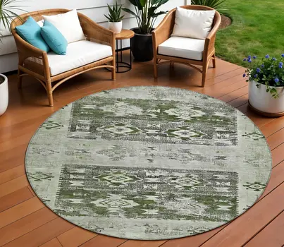 8' Olive Green And Ivory Round Aztec Washable Indoor Outdoor Area Rug