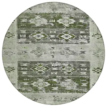 8' Olive Green And Ivory Round Aztec Washable Indoor Outdoor Area Rug