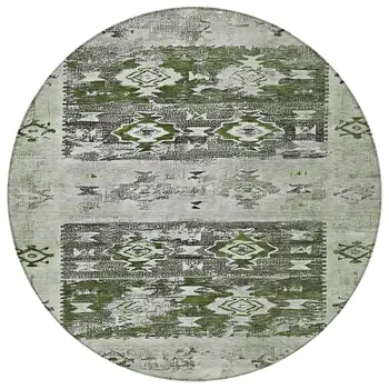 8' Olive Green And Ivory Round Aztec Washable Indoor Outdoor Area Rug
