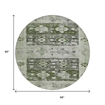 8' Olive Green And Ivory Round Aztec Washable Indoor Outdoor Area Rug