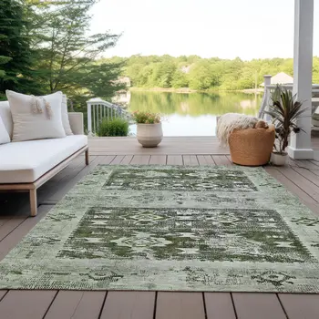 8' X 10' Olive Green And Ivory Aztec Washable Indoor Outdoor Area Rug