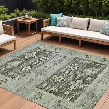 9' X 12' Olive Green And Ivory Aztec Washable Indoor Outdoor Area Rug