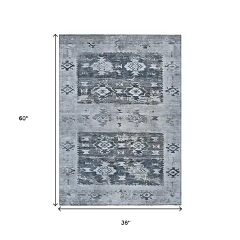 3' X 5' Blue And Denim Blue Aztec Washable Indoor Outdoor Area Rug