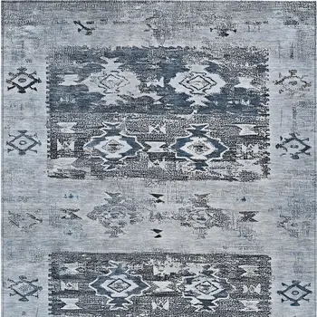 5' X 8' Blue And Denim Blue Aztec Washable Indoor Outdoor Area Rug