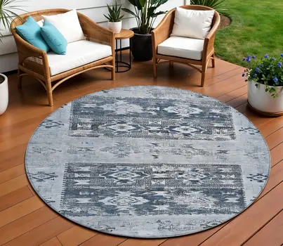 8' Blue And Denim Blue Round Aztec Washable Indoor Outdoor Area Rug
