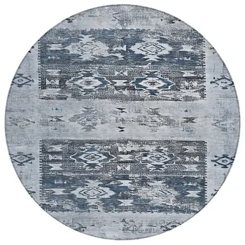 8' Blue And Denim Blue Round Aztec Washable Indoor Outdoor Area Rug
