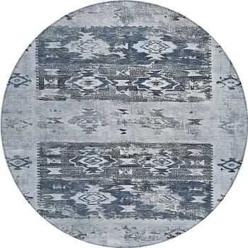 8' Blue And Denim Blue Round Aztec Washable Indoor Outdoor Area Rug
