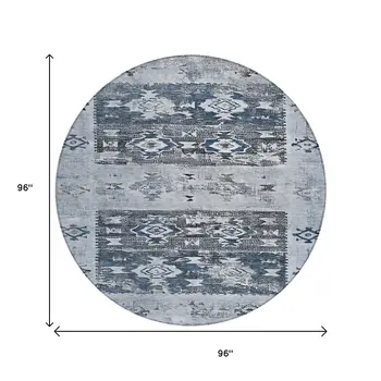 8' Blue And Denim Blue Round Aztec Washable Indoor Outdoor Area Rug