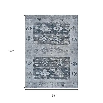 8' X 10' Blue And Denim Blue Aztec Washable Indoor Outdoor Area Rug
