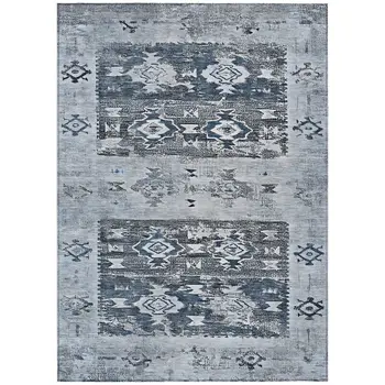 8' X 10' Blue And Denim Blue Aztec Washable Indoor Outdoor Area Rug