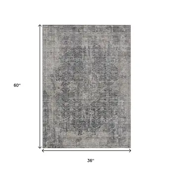 3' X 5' Charcoal And Silver Abstract Washable Indoor Outdoor Area Rug