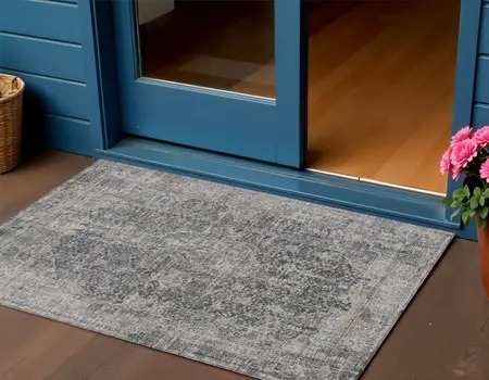 3' X 5' Charcoal And Silver Abstract Washable Indoor Outdoor Area Rug