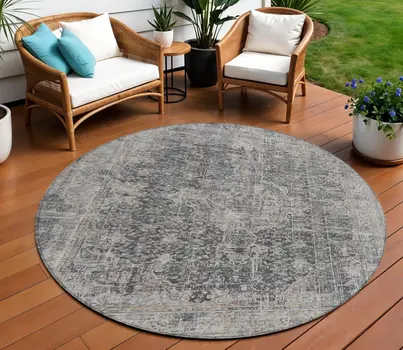 8' Charcoal And Silver Round Abstract Washable Indoor Outdoor Area Rug