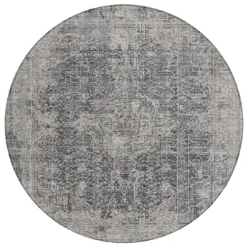 8' Charcoal And Silver Round Abstract Washable Indoor Outdoor Area Rug