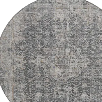 8' Charcoal And Silver Round Abstract Washable Indoor Outdoor Area Rug