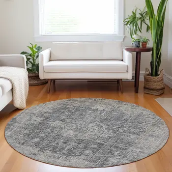8' Charcoal And Silver Round Abstract Washable Indoor Outdoor Area Rug