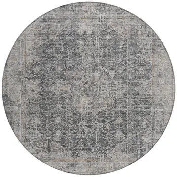 8' Charcoal And Silver Round Abstract Washable Indoor Outdoor Area Rug
