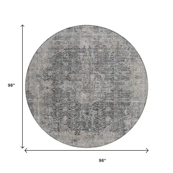 8' Charcoal And Silver Round Abstract Washable Indoor Outdoor Area Rug