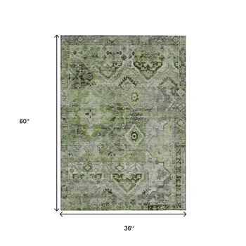 3' X 5' Artichoke Green And Gray Floral Medallion Washable Indoor Outdoor Area Rug