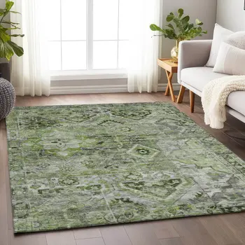 3' X 5' Artichoke Green And Gray Floral Medallion Washable Indoor Outdoor Area Rug