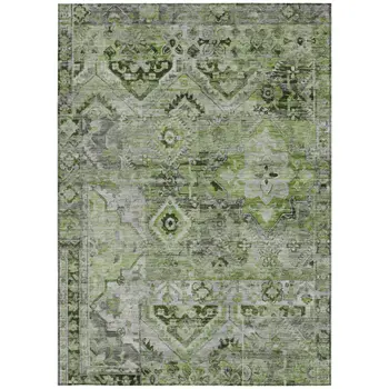 5' X 8' Artichoke Green And Gray Floral Medallion Washable Indoor Outdoor Area Rug