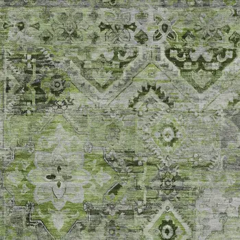 5' X 8' Artichoke Green And Gray Floral Medallion Washable Indoor Outdoor Area Rug