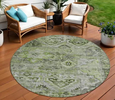 8' Artichoke Green And Gray Round Floral Medallion Washable Indoor Outdoor Area Rug