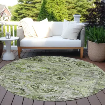 8' Artichoke Green And Gray Round Floral Medallion Washable Indoor Outdoor Area Rug