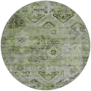 8' Artichoke Green And Gray Round Floral Medallion Washable Indoor Outdoor Area Rug