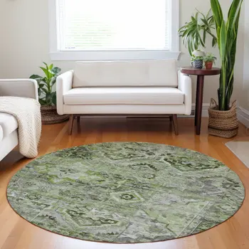 8' Artichoke Green And Gray Round Floral Medallion Washable Indoor Outdoor Area Rug