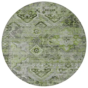 8' Artichoke Green And Gray Round Floral Medallion Washable Indoor Outdoor Area Rug