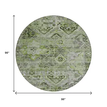 8' Artichoke Green And Gray Round Floral Medallion Washable Indoor Outdoor Area Rug