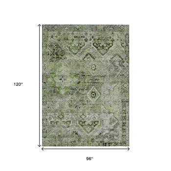 8' X 10' Artichoke Green And Gray Floral Medallion Washable Indoor Outdoor Area Rug