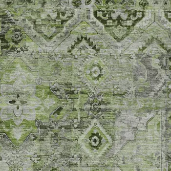 8' X 10' Artichoke Green And Gray Floral Medallion Washable Indoor Outdoor Area Rug