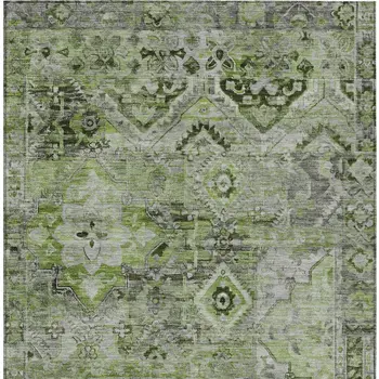 9' X 12' Artichoke Green And Gray Floral Medallion Washable Indoor Outdoor Area Rug