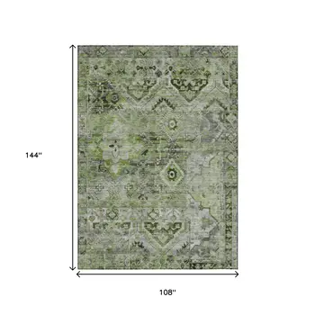 9' X 12' Artichoke Green And Gray Floral Medallion Washable Indoor Outdoor Area Rug
