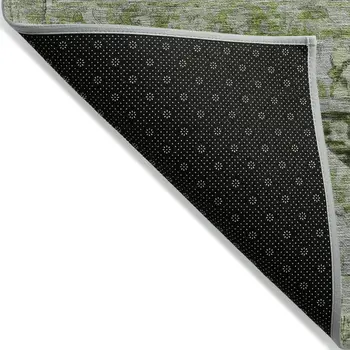 9' X 12' Artichoke Green And Gray Floral Medallion Washable Indoor Outdoor Area Rug