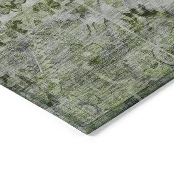 9' X 12' Artichoke Green And Gray Floral Medallion Washable Indoor Outdoor Area Rug