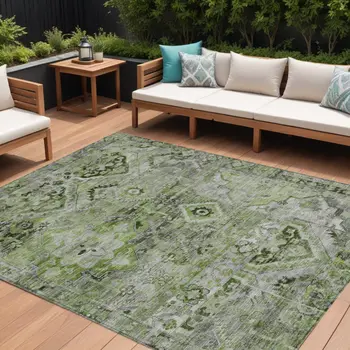 10' X 14' Artichoke Green And Gray Floral Medallion Washable Indoor Outdoor Area Rug