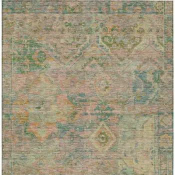 3' X 5' Green Teal Blue And Mauve Floral Medallion Washable Indoor Outdoor Area Rug