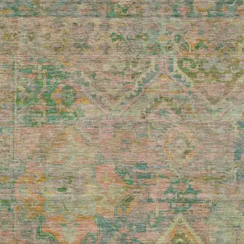3' X 5' Green Teal Blue And Mauve Floral Medallion Washable Indoor Outdoor Area Rug