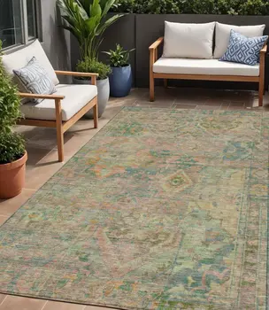 5' X 8' Green Teal Blue And Mauve Floral Medallion Washable Indoor Outdoor Area Rug