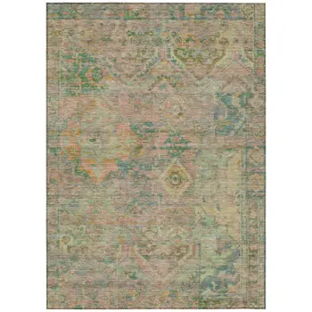 5' X 8' Green Teal Blue And Mauve Floral Medallion Washable Indoor Outdoor Area Rug
