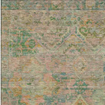 5' X 8' Green Teal Blue And Mauve Floral Medallion Washable Indoor Outdoor Area Rug