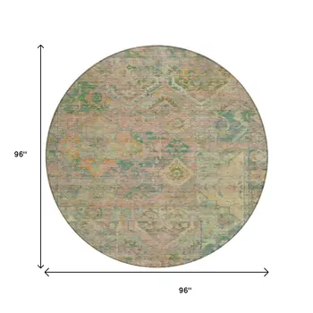 8' Green Teal Blue And Mauve Round Floral Medallion Washable Indoor Outdoor Area Rug