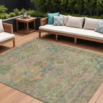 9' X 12' Green Teal Blue And Mauve Floral Medallion Washable Indoor Outdoor Area Rug