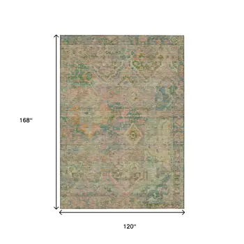 10' X 14' Green Teal Blue And Mauve Floral Medallion Washable Indoor Outdoor Area Rug