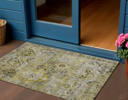 3' X 5' Pewter Gray And Gold Floral Medallion Washable Indoor Outdoor Area Rug